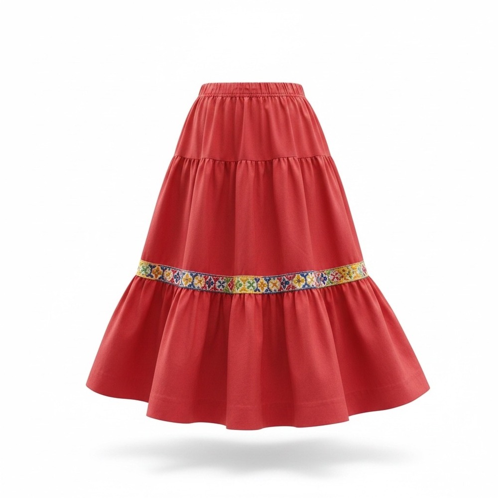 Folk Peasant Tiered Midi Skirt Red Multi Color Embroidered Trim Medium 26 Waist